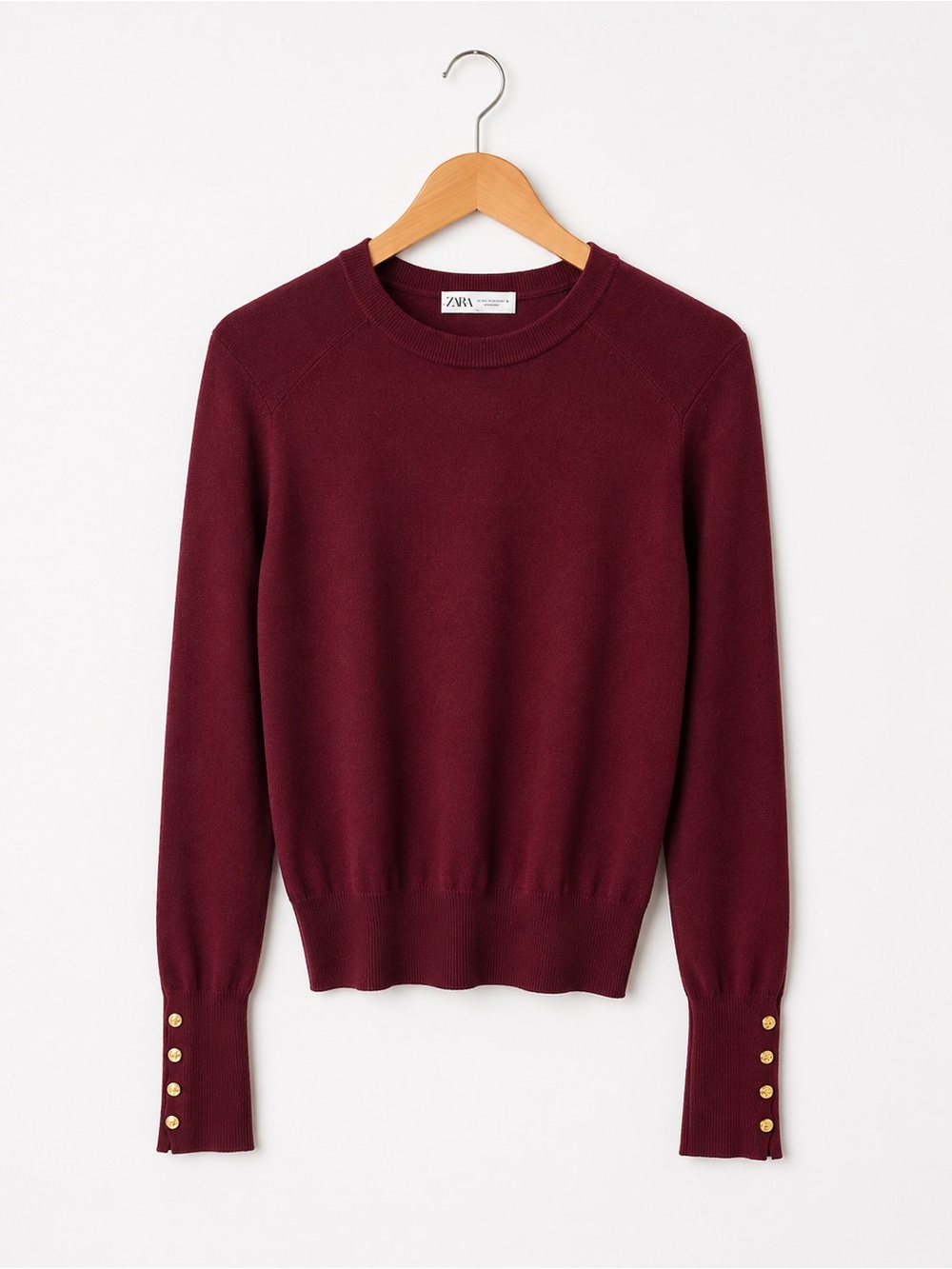 Burgundy Fine Knit Sweater Gold Button Cuffs Crew Neck Size L Zara